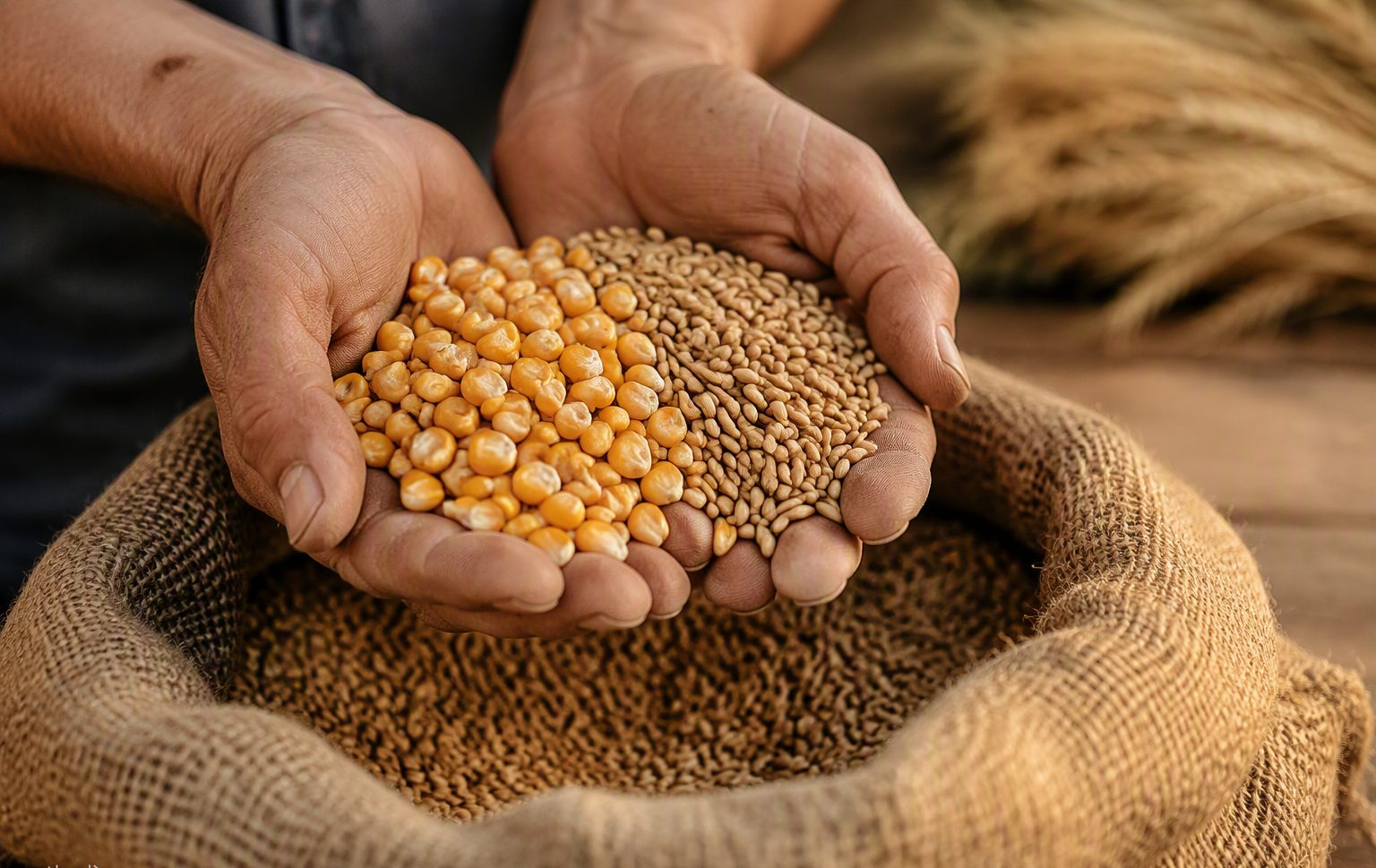 Hands holding graded corn and cereal seed